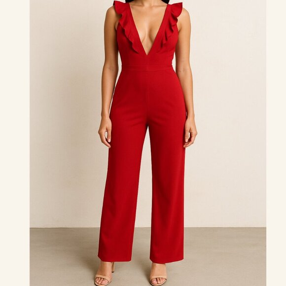 Crave Fame | Red Jumpsuit | Medium | Ruffle Plunge Neckline | Wide Leg - Picture 1 of 16